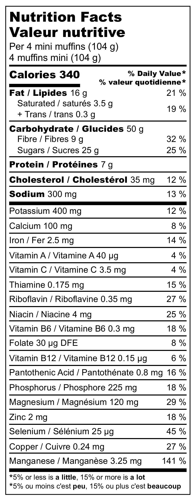 Nutritional facts for Mary's Muffins mini muffin pouch of Better Bran muffins - 9 grams fibre and 7 grams protein per serving.