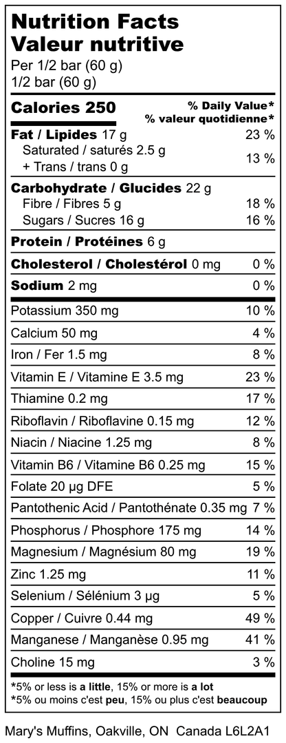 Nutrition facts table for Cranberry Booster Bar, 250 calories, 17g fat, 20g carbs, 7g fiber, 5g protein per 60g serving,.