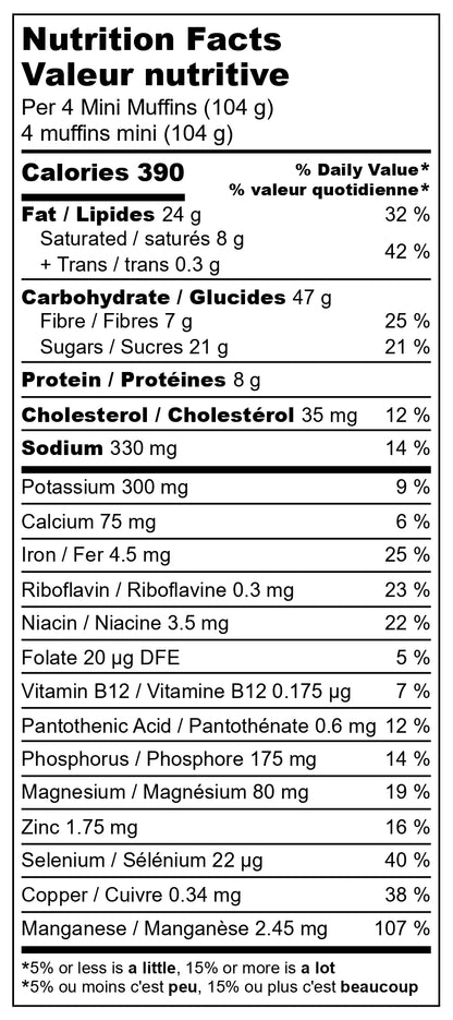 Nutritional facts for Double Dark Chocolate Chip mini muffin pouches from Mary's Muffins. 390 calories, 7 grams fibre and 8 grams protein per serving.