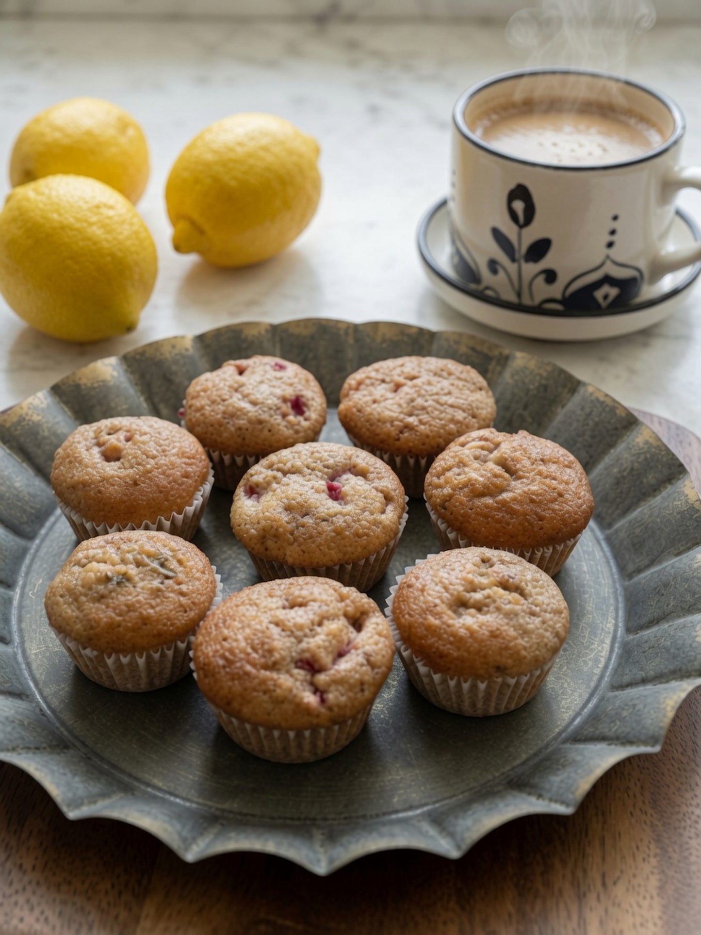 Plate of nine golden whole wheat lemony strawberry muffins with visible strawberry pieces, alongside a cup of coffee in a.
