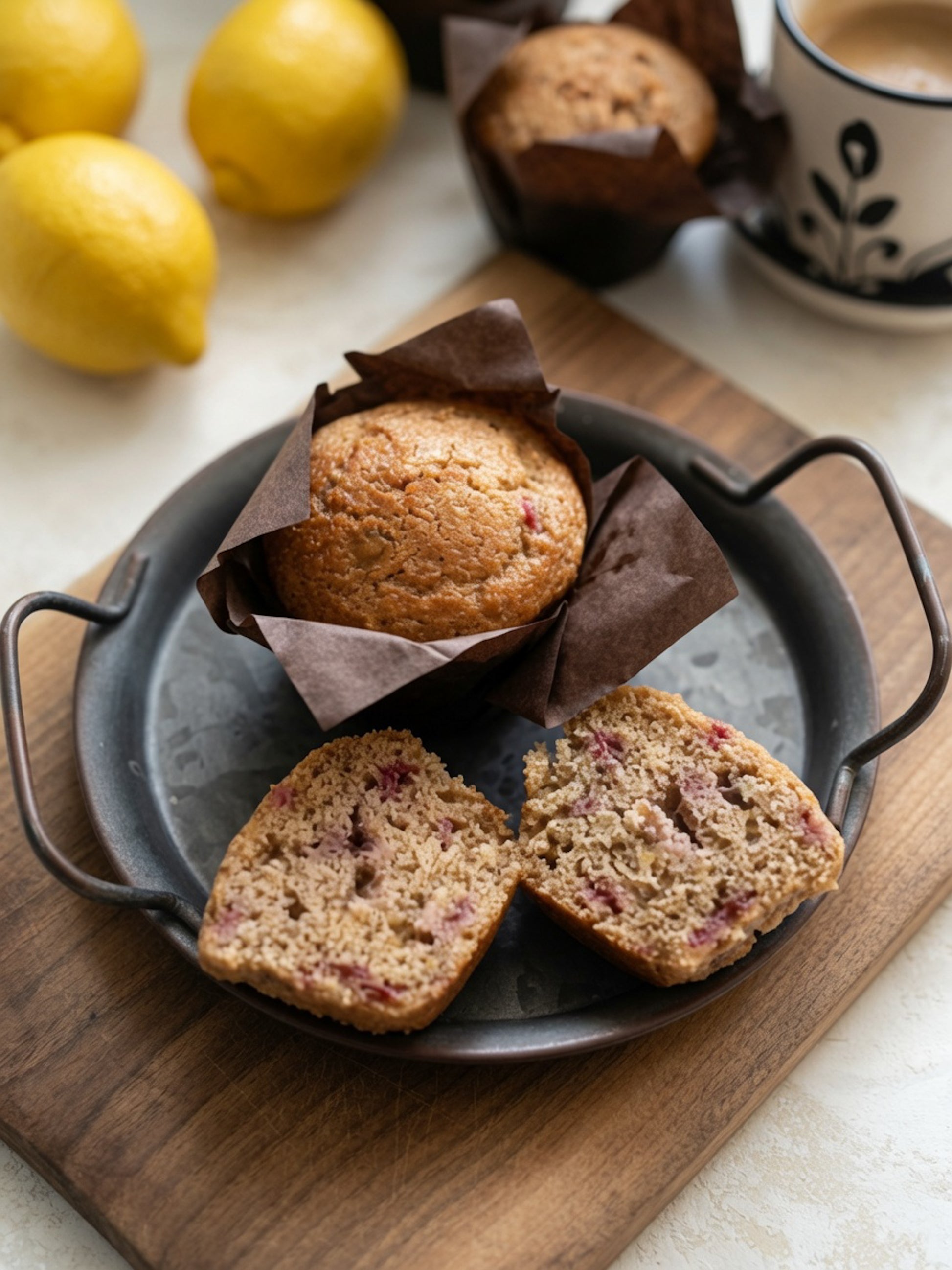 Whole wheat lemony strawberry muffins with moist texture, clean-label, no refined sugar, family-friendly Canadian muffins on .