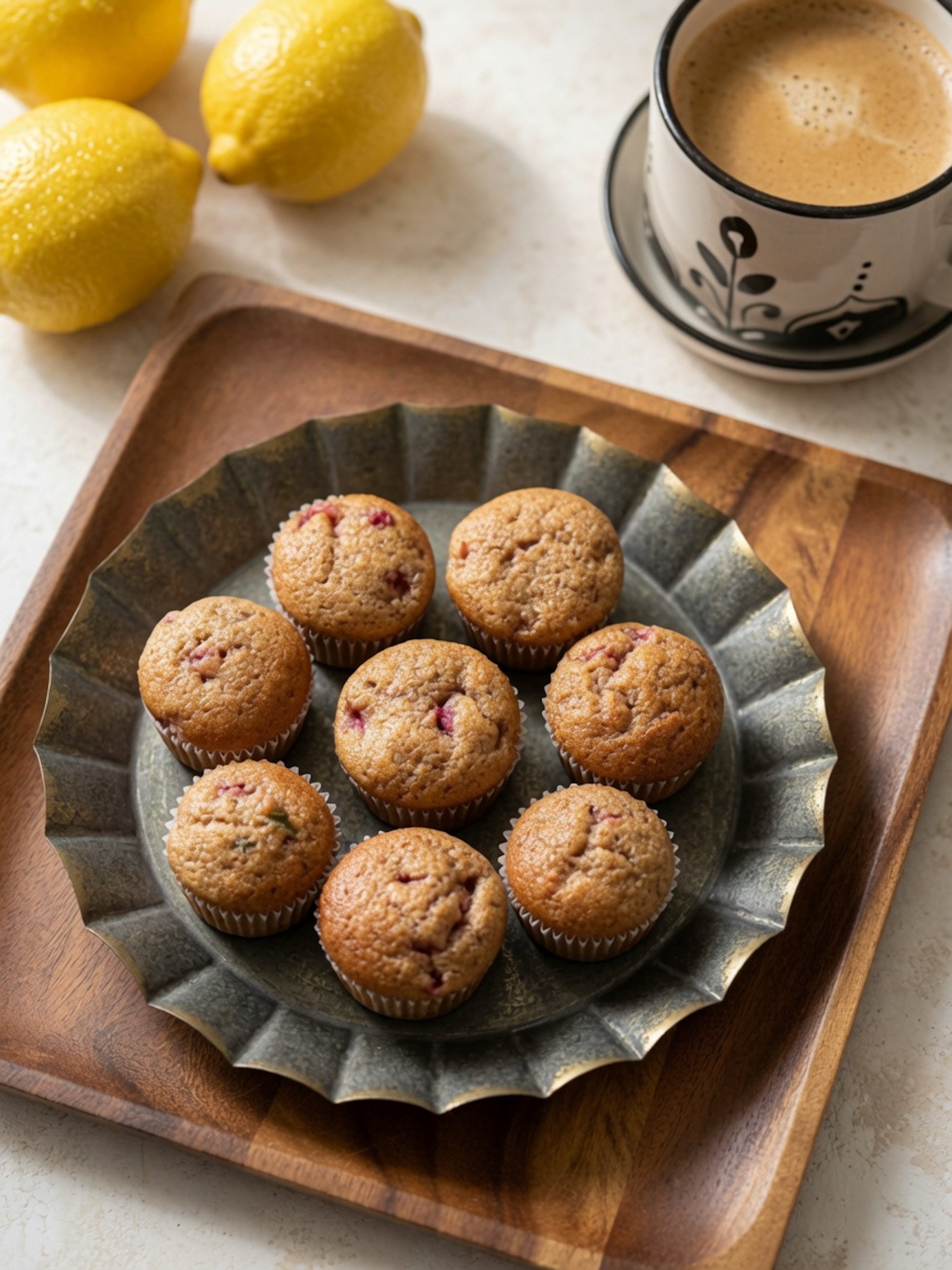 Seven whole wheat lemony strawberry muffins on a rustic metal tray, showcasing Canadian, nutritious, clean-label, no refined .