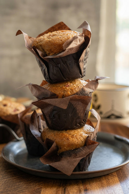 Stack of three golden-brown whole wheat lemony strawberry muffins wrapped in dark brown parchment on black plate, Canadian.