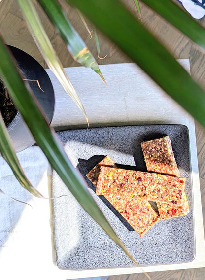 Cranberry Booster Bars on a gray plate with a crumbly, nutritious texture, clean-label and vegan-friendly.