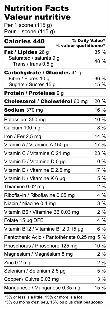 Nutritional facts for Strawberry Rhubarb Scones from Mary's Muffins including 10 grams of fibre and 9 grams of protein per serving.